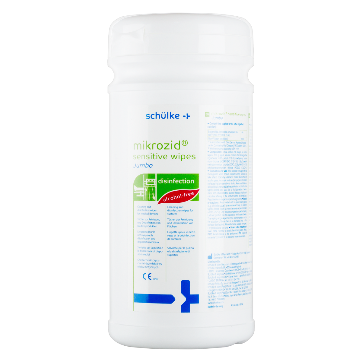 Безспиртовые салфетки Mikrozid Sensitive Jumbo в контейнере, 200 шт. Schulke
